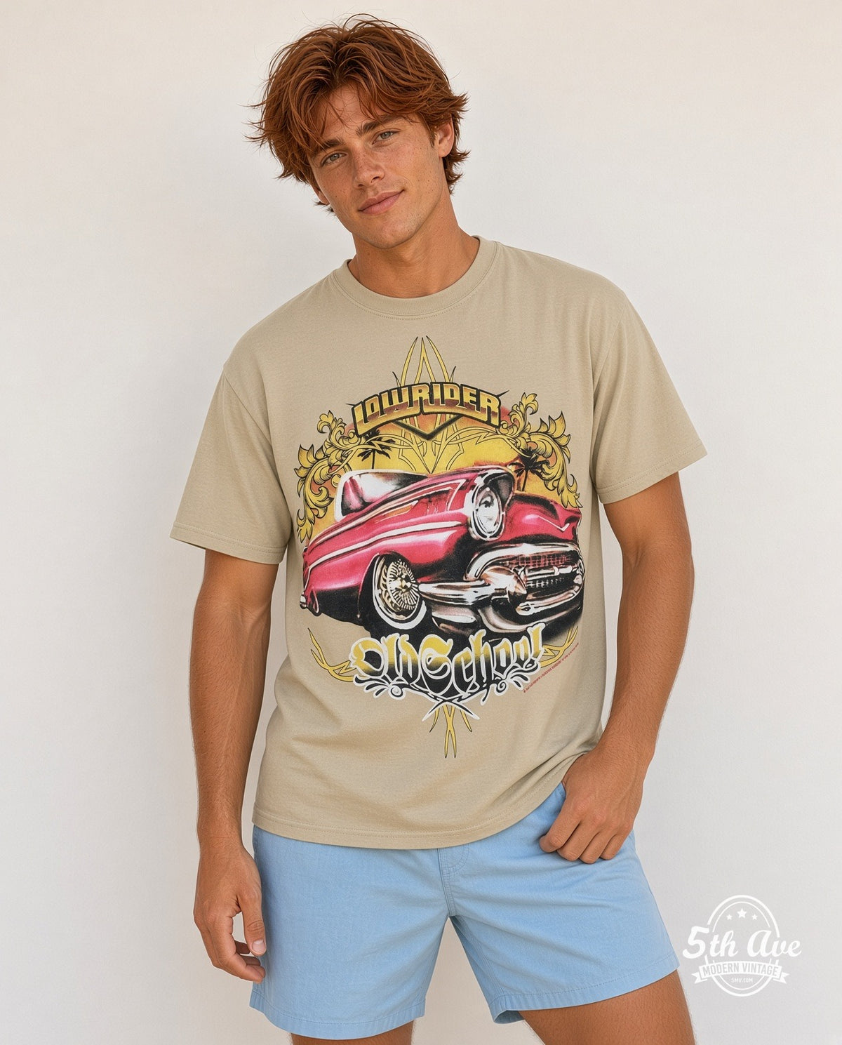 Model wearing the Rollin Hard Old School Lowrider graphic tee