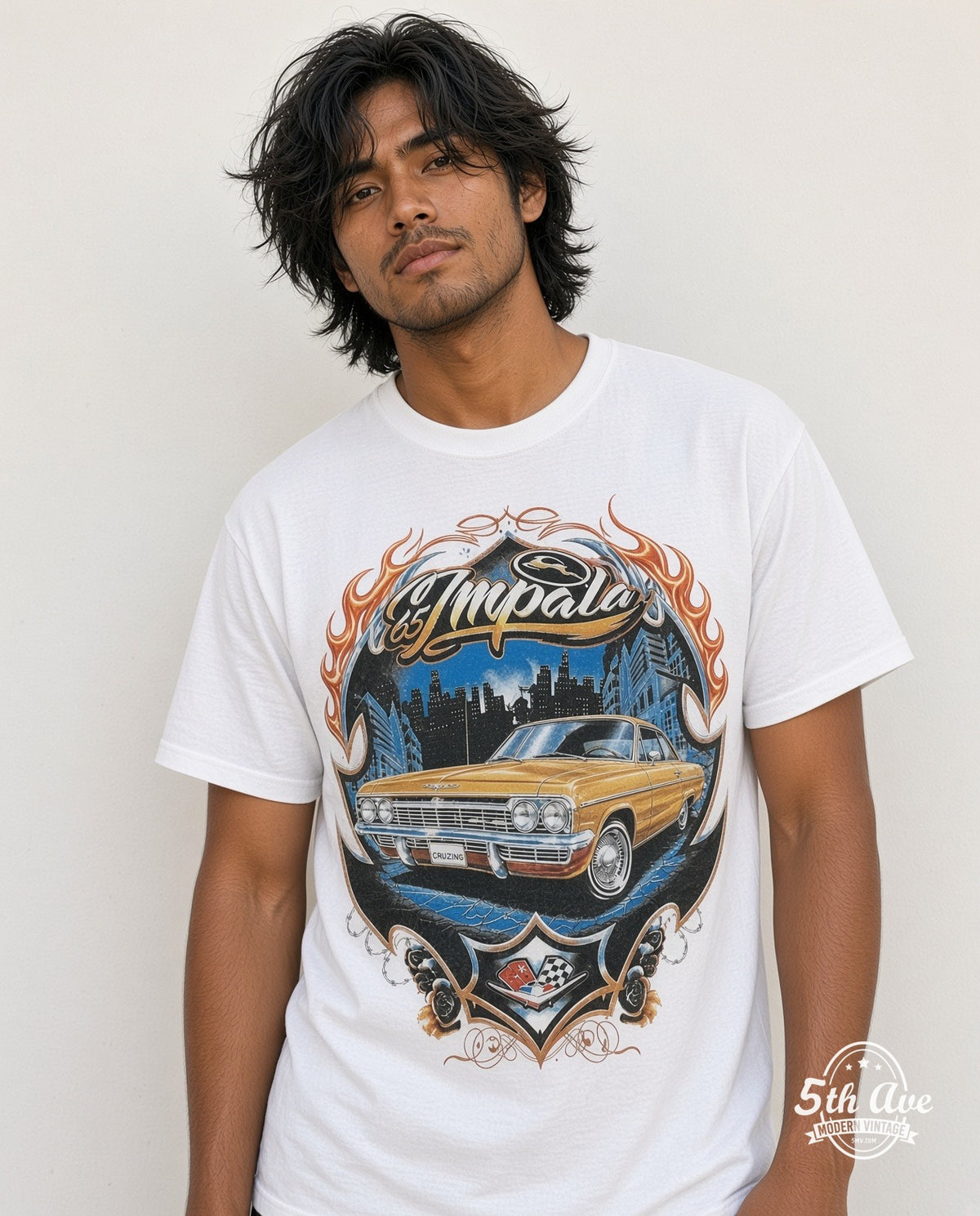 Model wearing the Rollin Hard '65 Impala Lowrider graphic tee