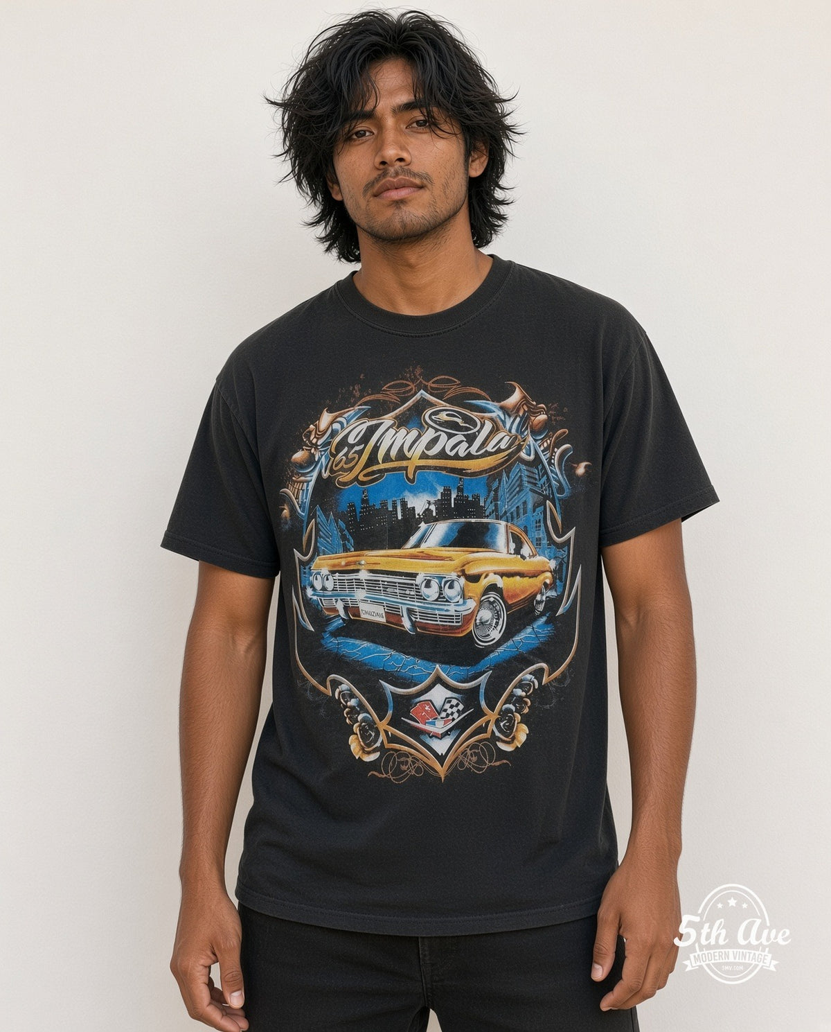 Model wearing the Rollin Hard '65 Chevy Impala Lowrider graphic tee