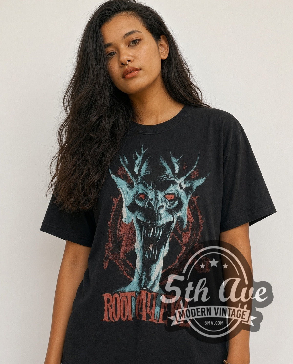 Model wearing the Slayer Root of All Evil vintage band t-shirt