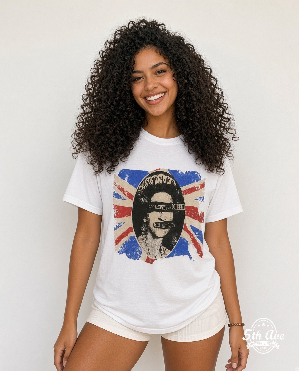 Model wearing the Sex Pistols God Save the Queen vintage band t-shirt