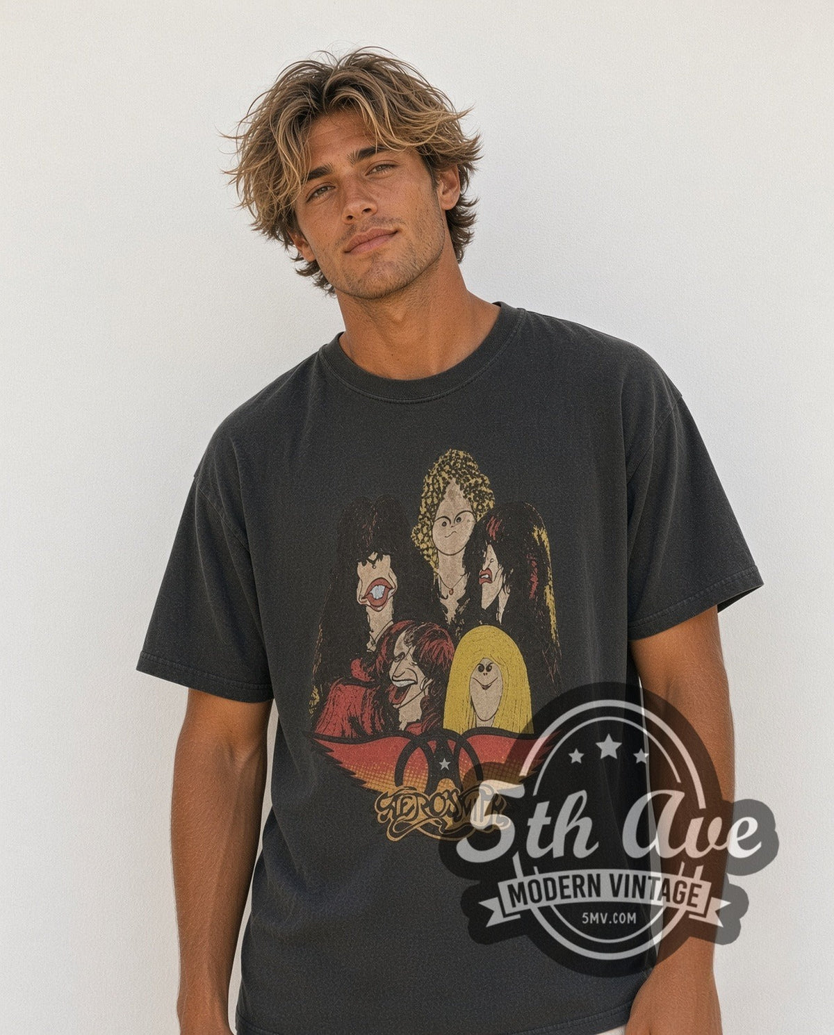 Model wearing the Aerosmith Cartoon Caricatures vintage band t-shirt
