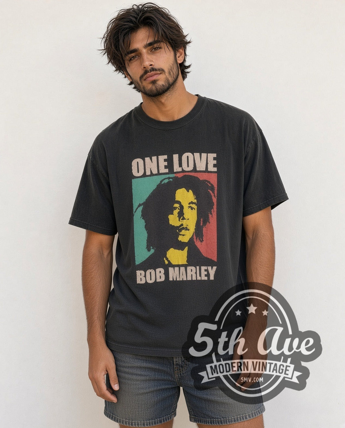 Model wearing the Bob Marley One Love vintage band t-shirt