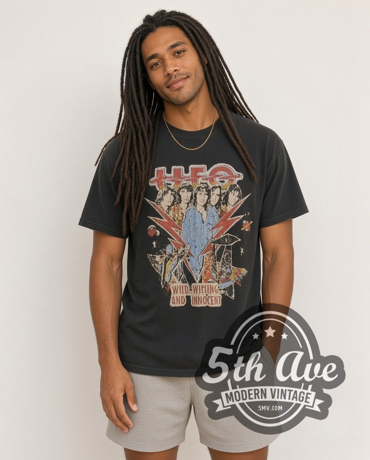 Model wearing the UFO Graphic vintage band t-shirt