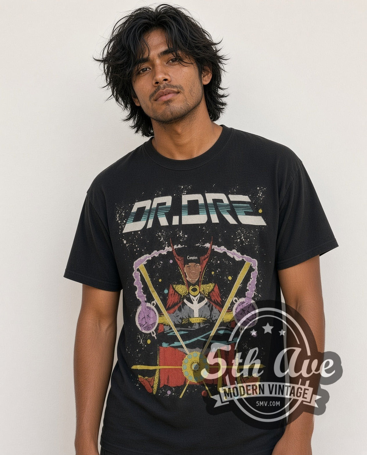 Model wearing the Dr. Dre Comic-Style Portrait vintage rap tee