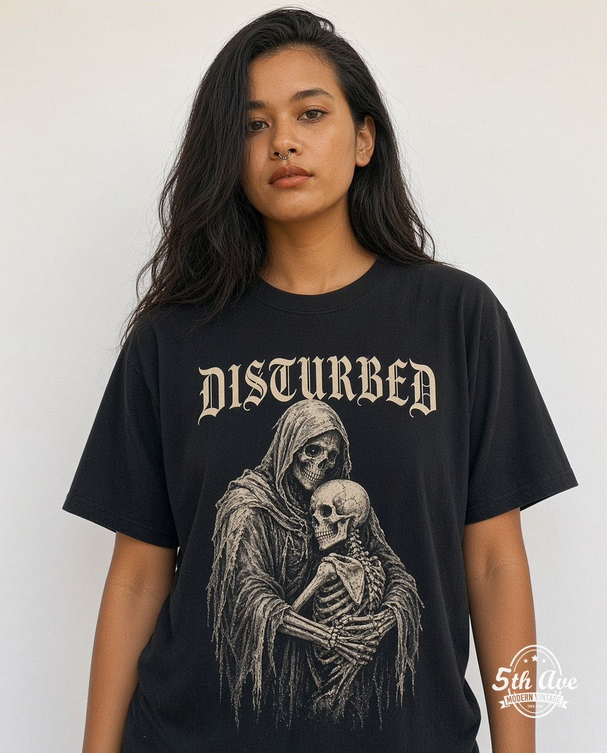 Model wearing the Disturbed The Guy Skeleton Duo vintage band t-shirt