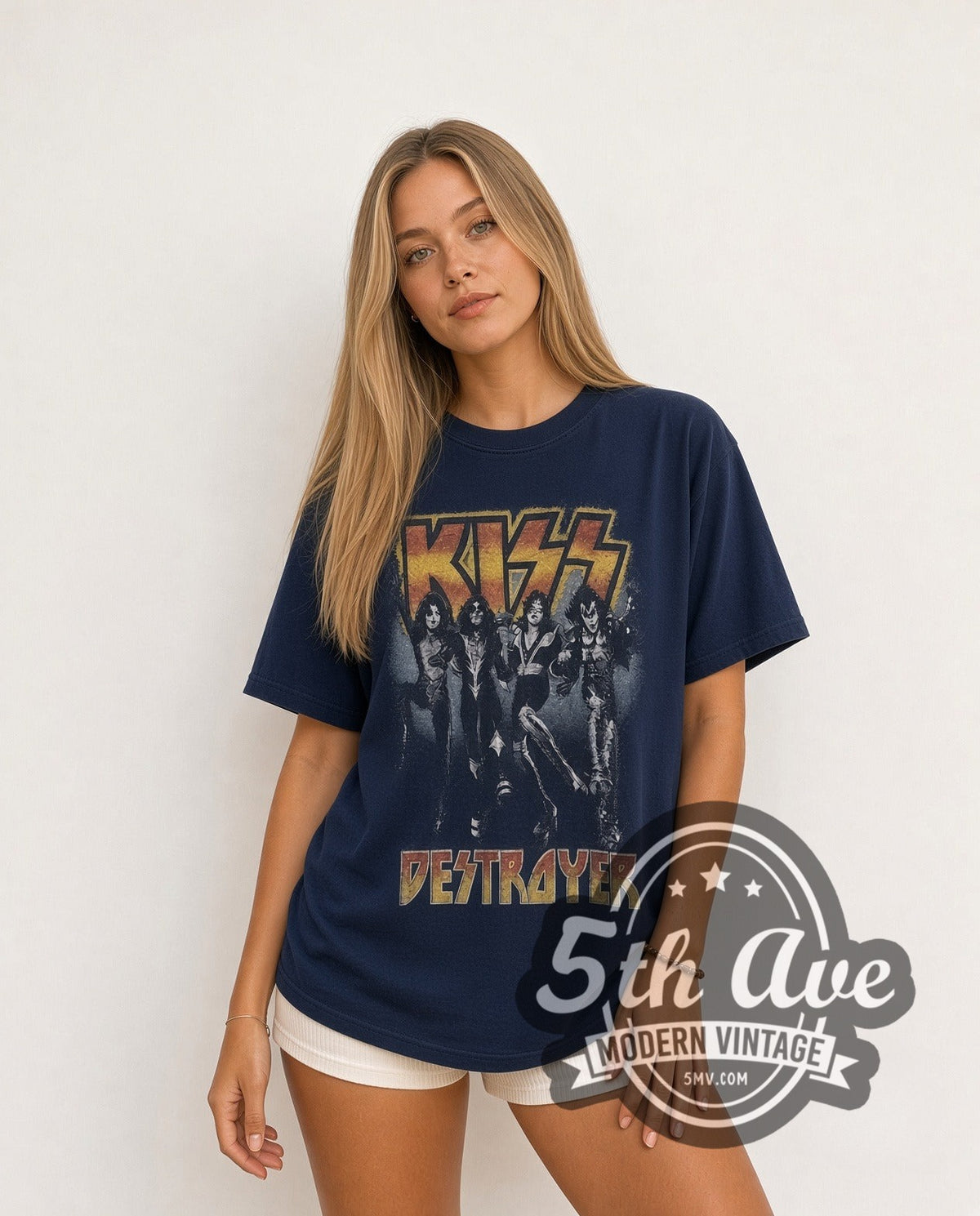 Model wearing the KISS Destroyer vintage band t-shirt