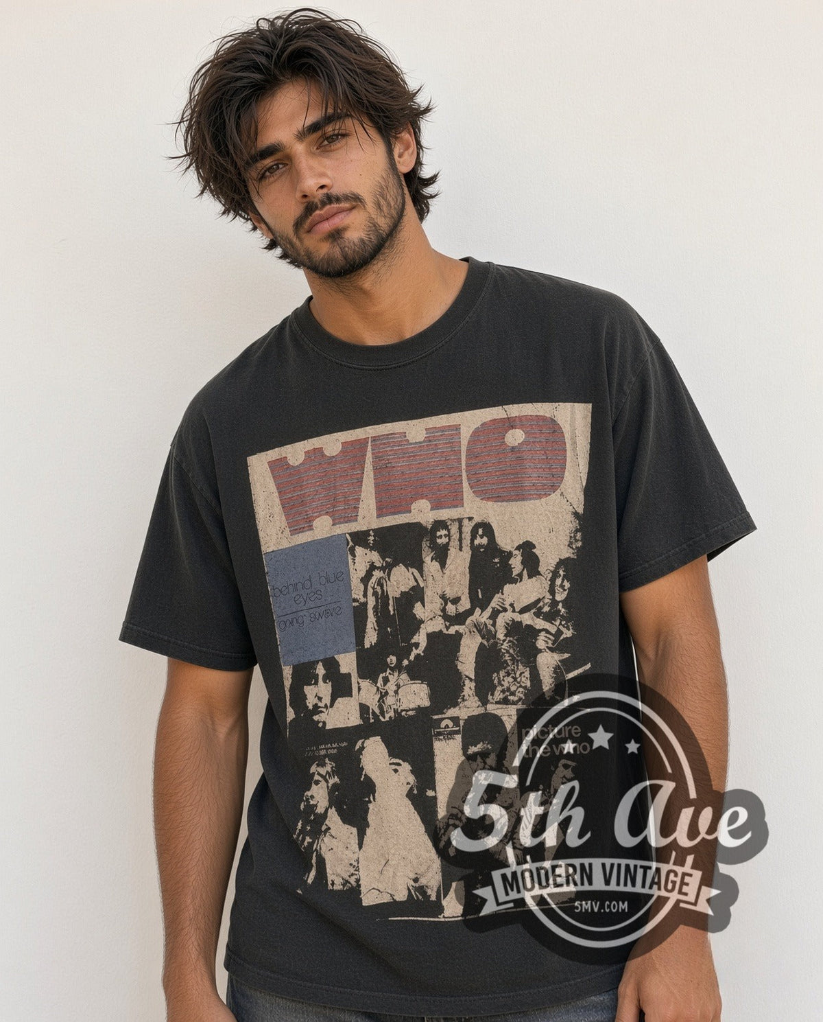 Model wearing The Who Behind Blue Eyes vintage band t-shirt