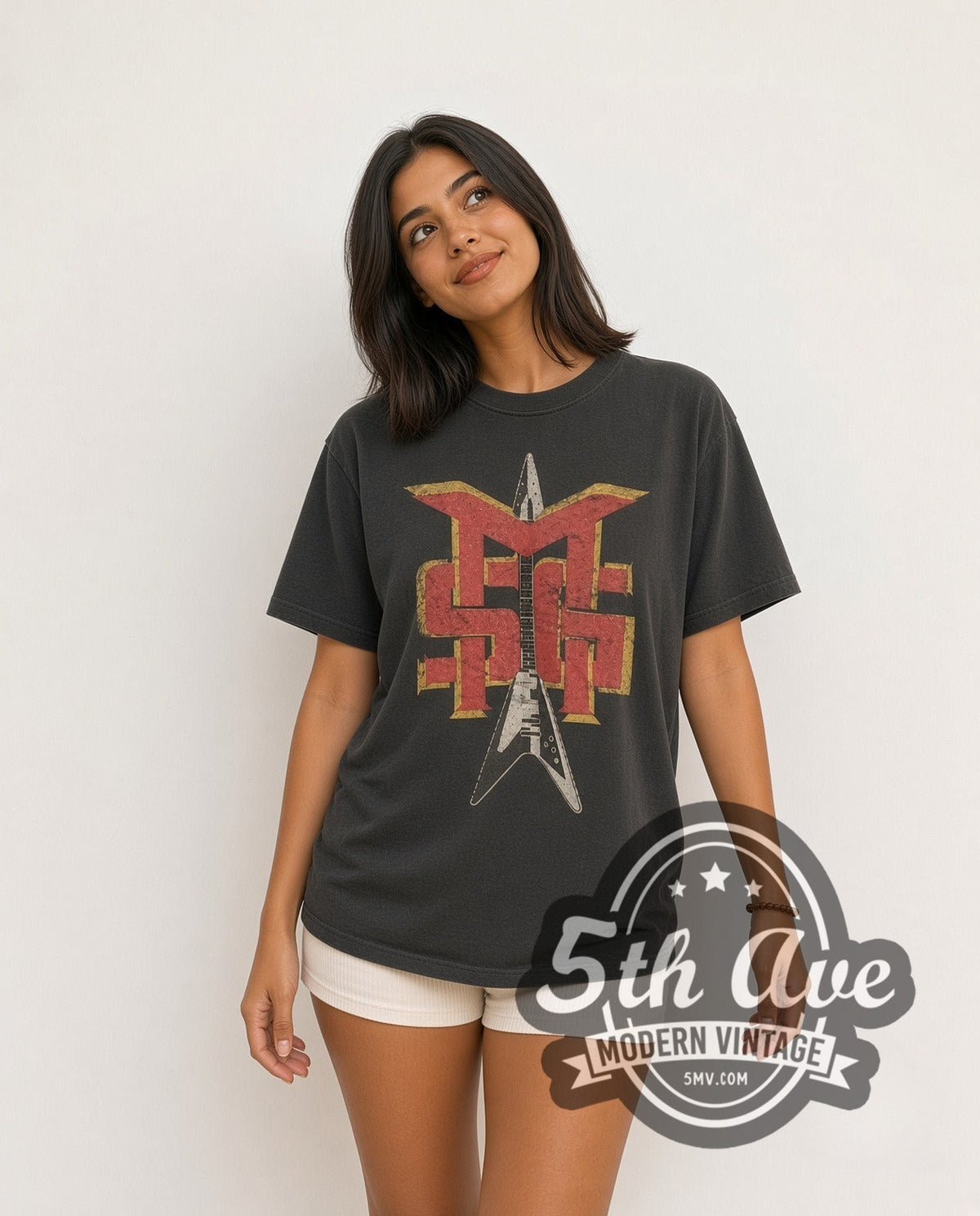 Model wearing the Michael Schenker Group Guitar Logo vintage band t-shirt
