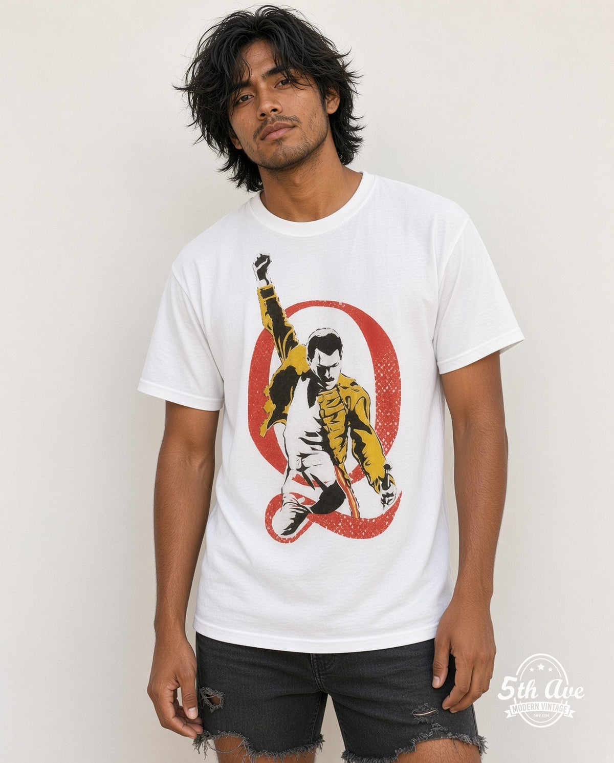 Model wearing the Queen Freddie Mercury vintage band t-shirt
