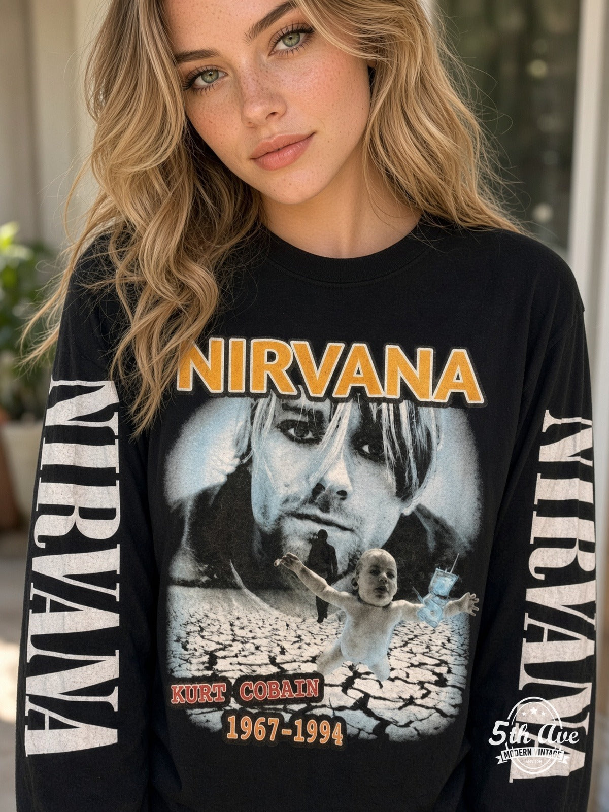 ETS LS 16 Nirvana Kurt Cobain 1967-1994 long sleeve vintage tee worn by a model