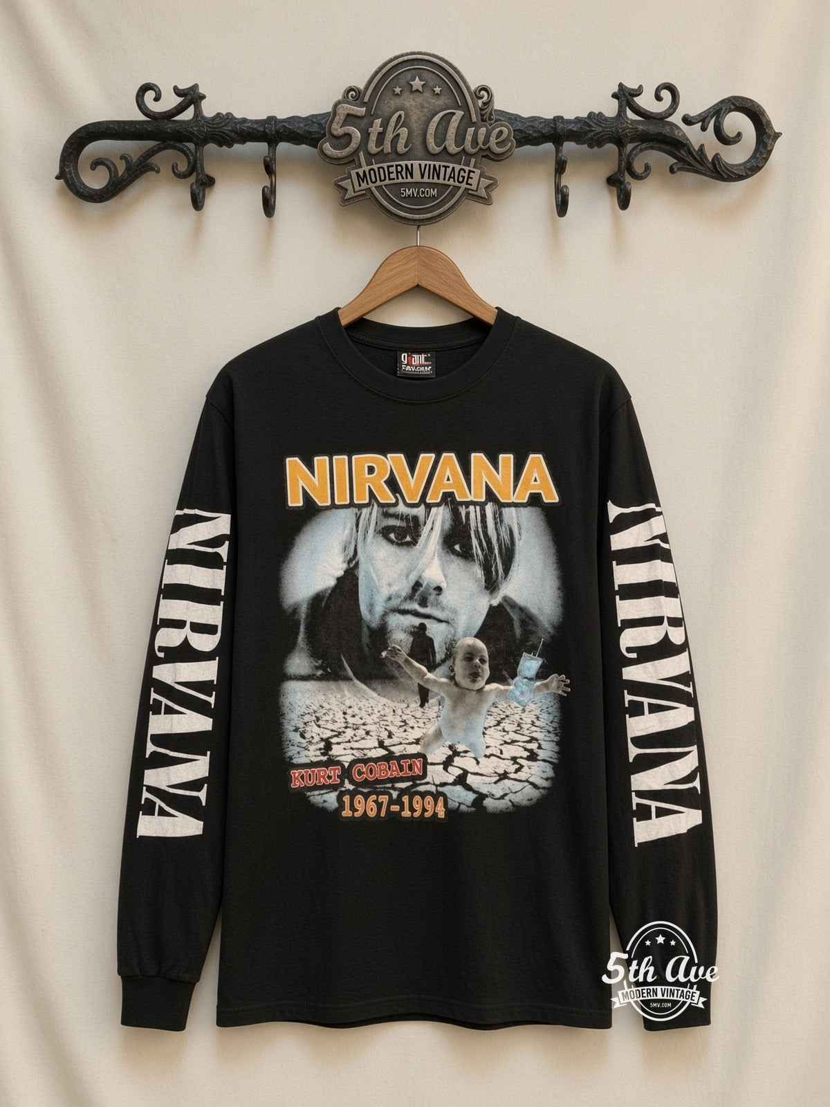 ETS LS 16 Nirvana Kurt Cobain 1967-1994 long sleeve vintage tee on rack, front