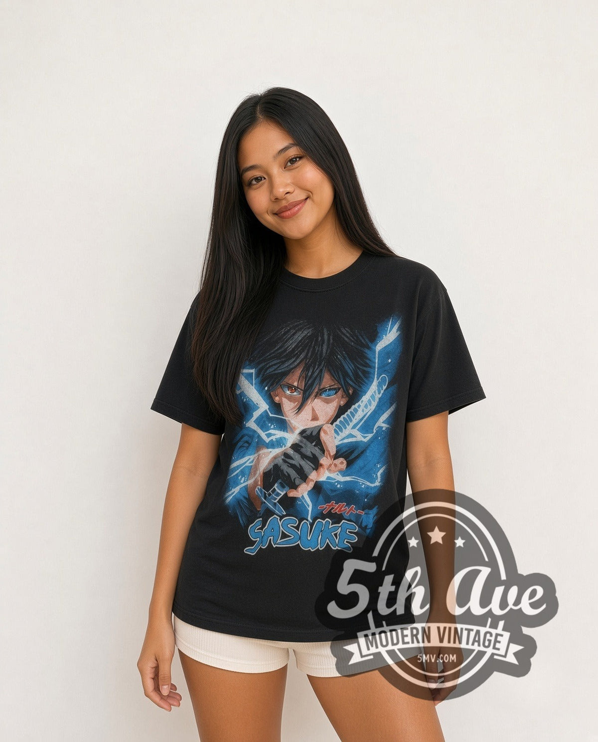 Model wearing the Naruto Shippuden Sasuke Uchiha vintage graphic t-shirt