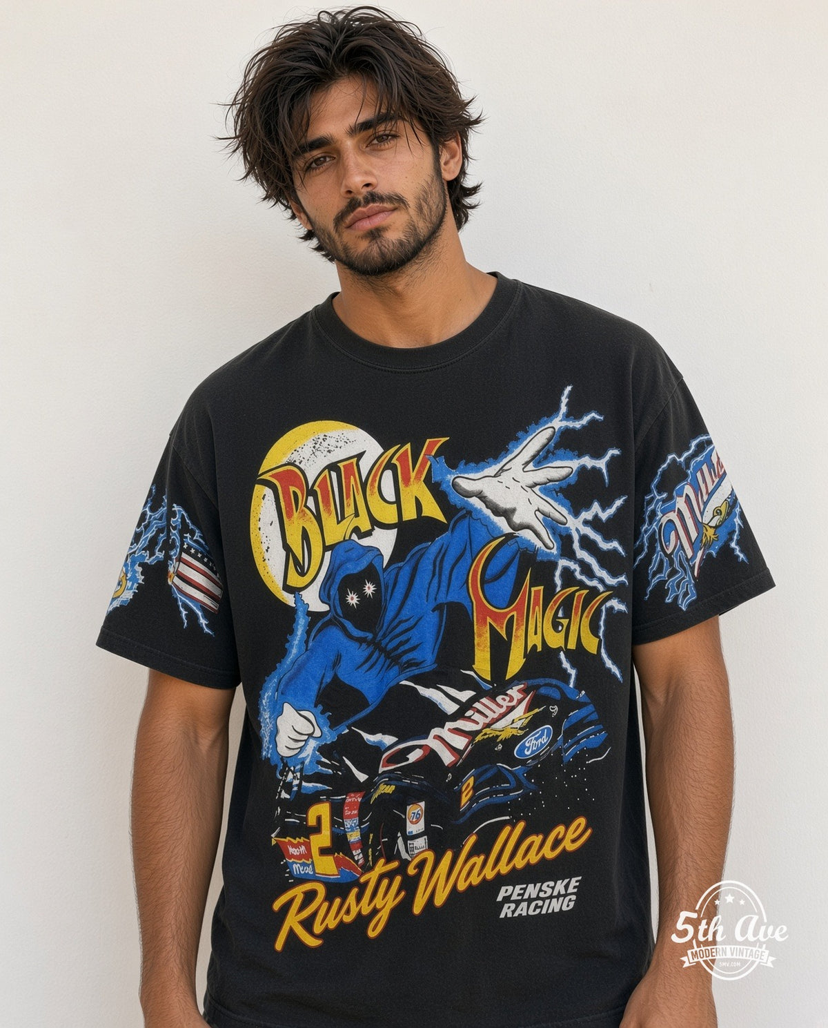 Model wearing the NASCAR / Rusty Wallace Black Magic Miller #2 all-over-print graphic tee in black