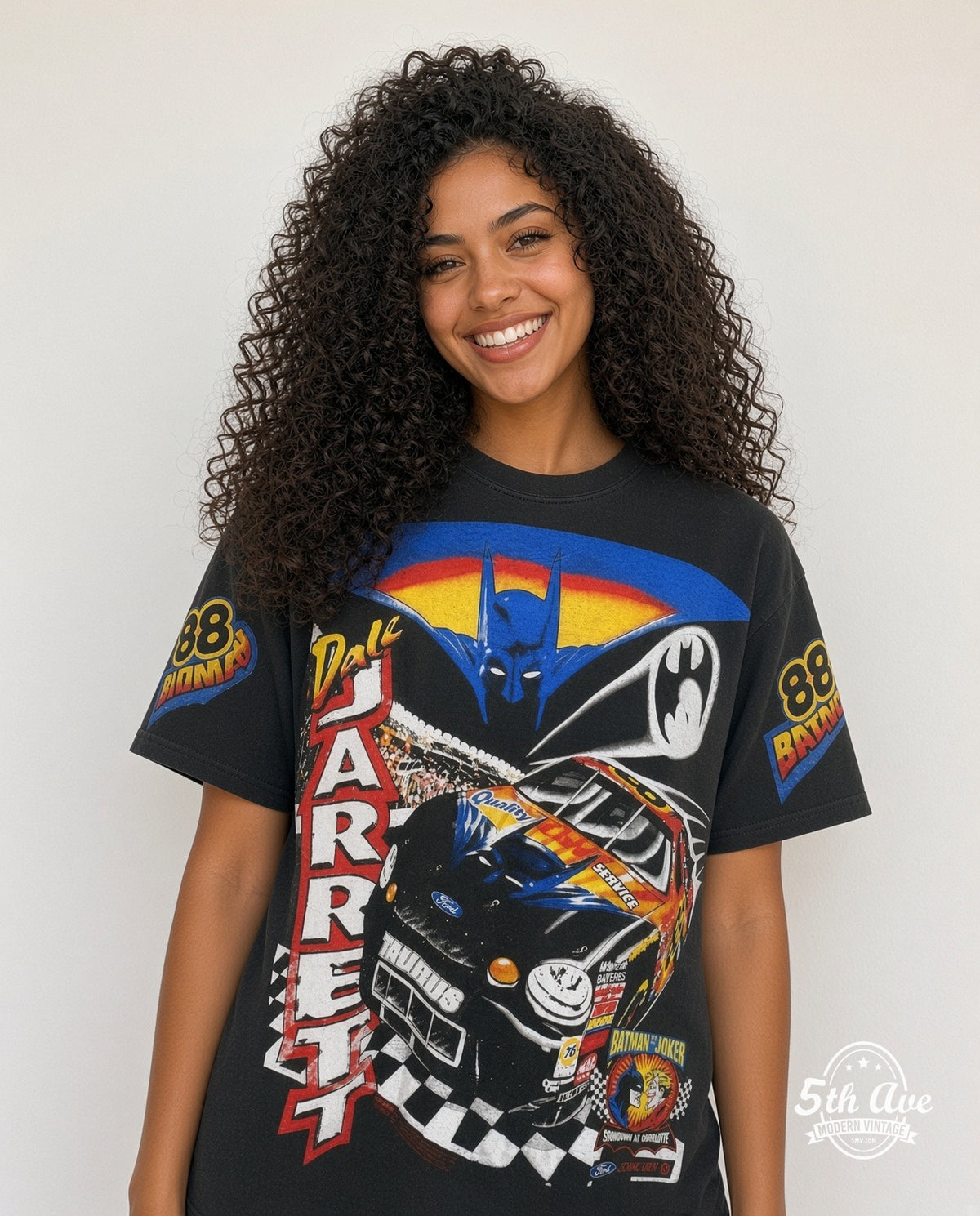Model wearing the NASCAR / Dale Jarrett Batman Ford Taurus all-over-print graphic tee in black