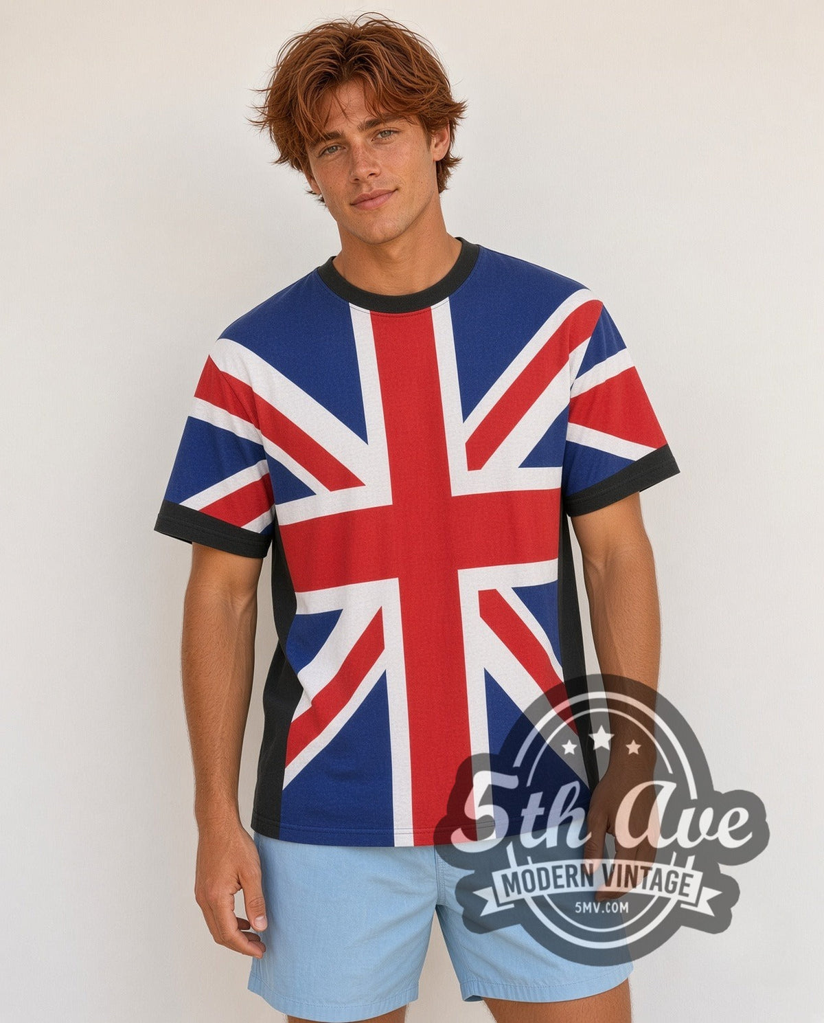 Model wearing the UK Union Jack Union Flag all-over-print vintage graphic tee