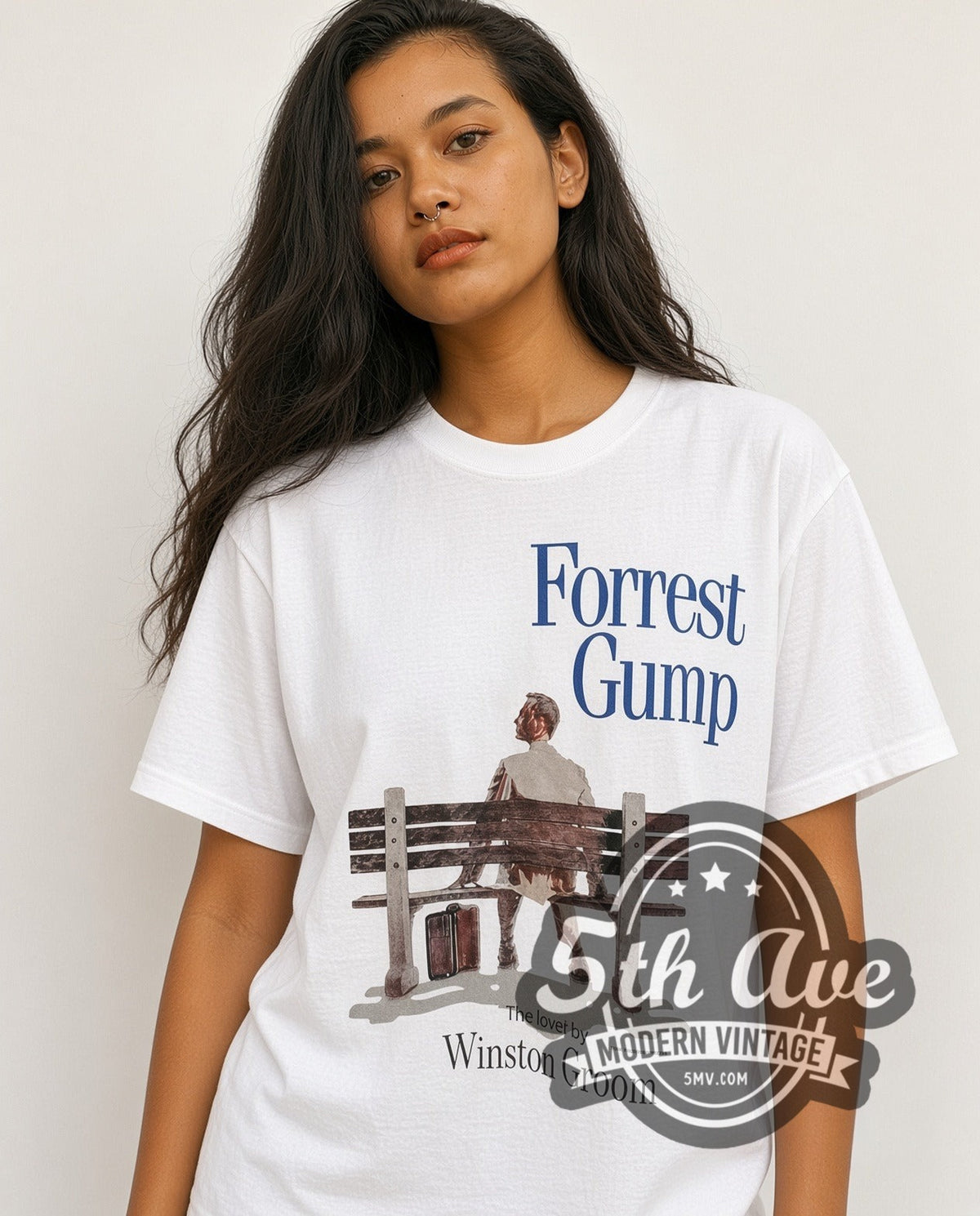 Model wearing the Forrest Gump Run Forrest Run vintage movie t-shirt