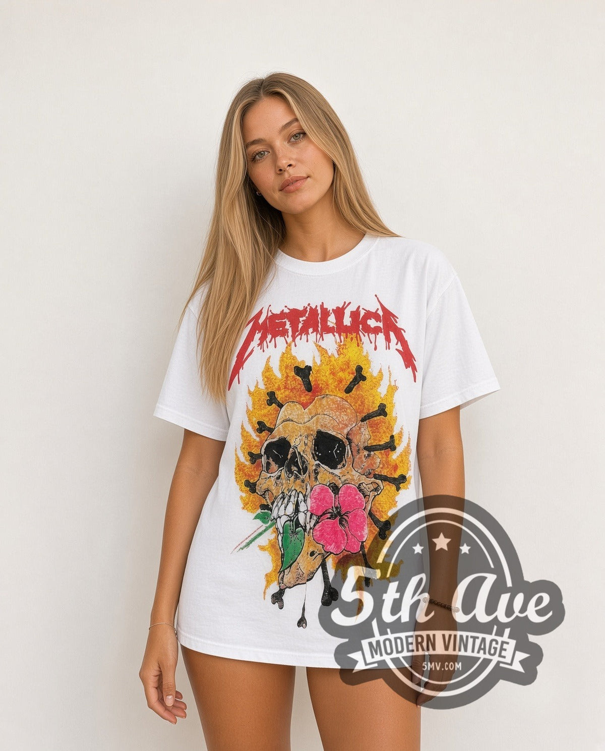 Model wearing the Metallica Pushead Artwork all-over-print vintage band t-shirt