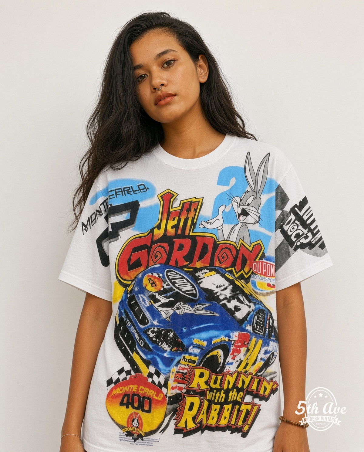 Model wearing the NASCAR Bugs Bunny and Jeff Gordon all-over-print graphic tee