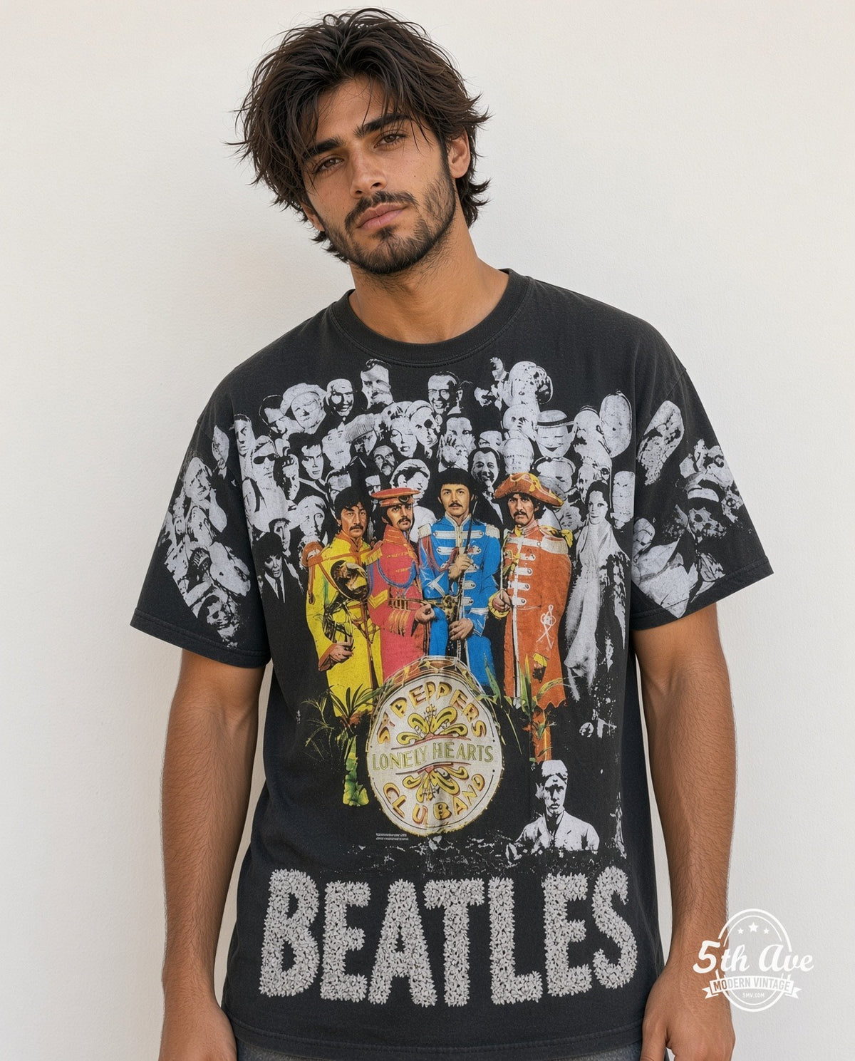 Model wearing The Beatles Hearts vintage band t-shirt