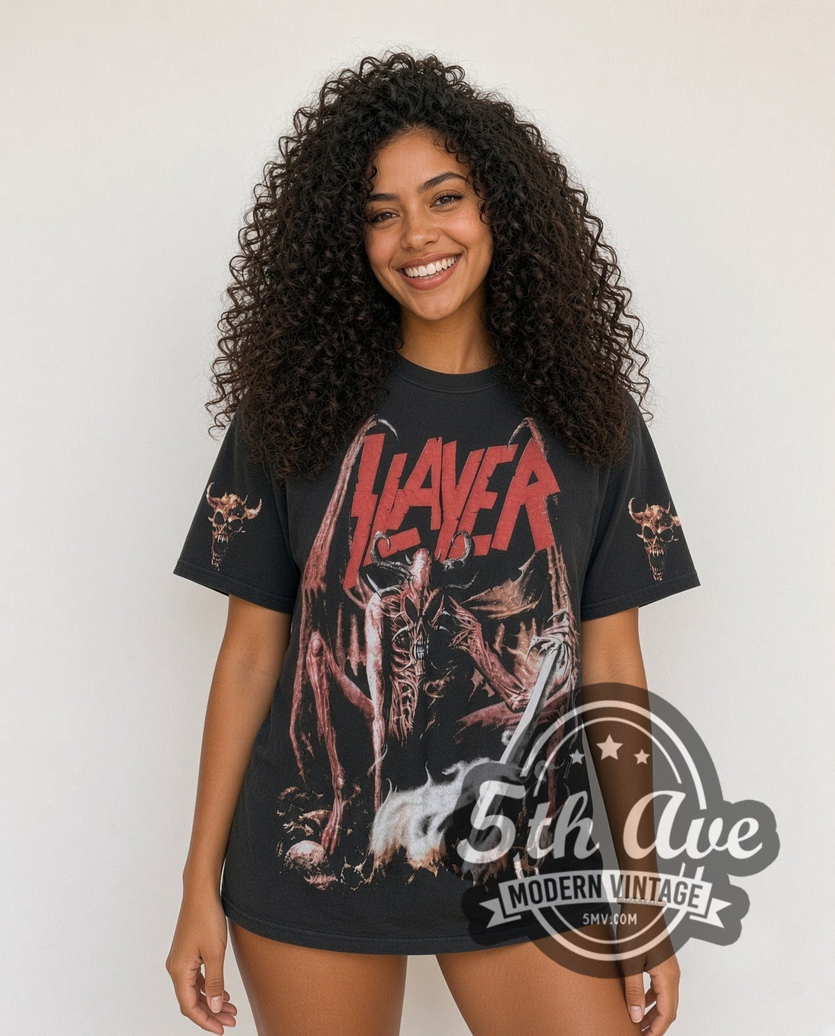 Model wearing the Slayer Winged Demon Sword all-over-print vintage band t-shirt