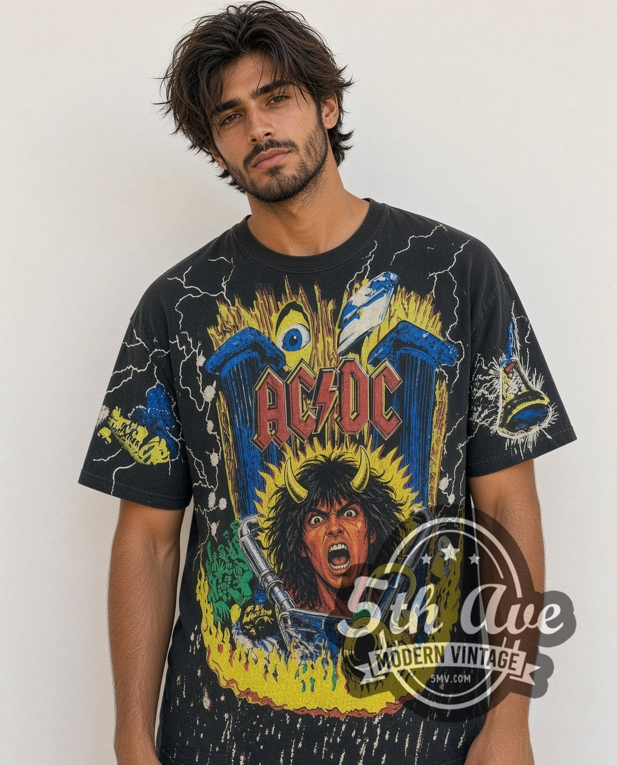 Model wearing the AC/DC Angus Young Thunderstruck all-over-print vintage band t-shirt