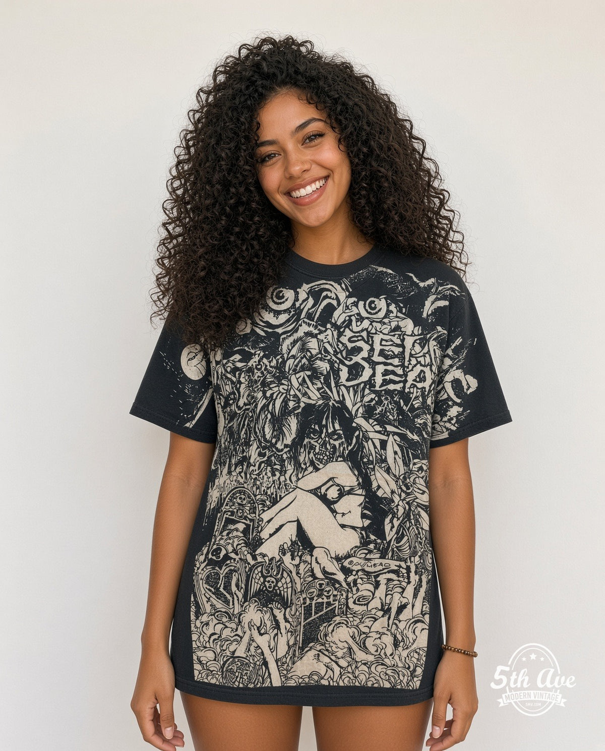 Model wearing the Septic Death Pushead Septic Death all-over-print vintage band t-shirt