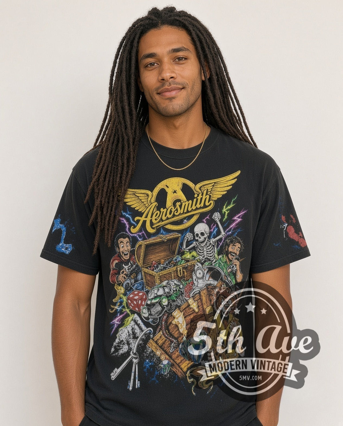 Model wearing the Aerosmith's Rockin' Journey all-over-print vintage band t-shirt