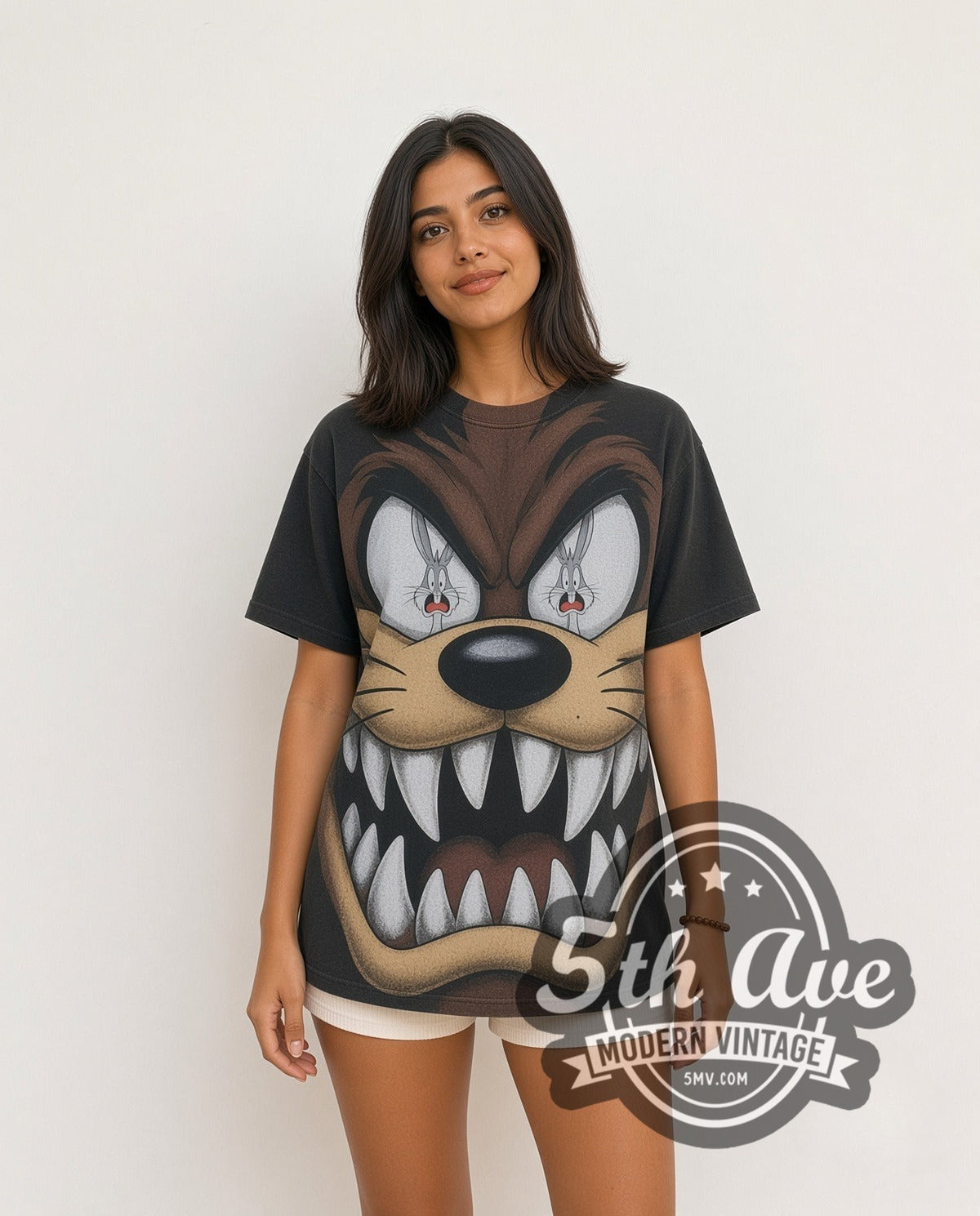 Model wearing the Bugs Bunny Taz-Mania and Bugs Bunny all-over-print vintage cartoon tee