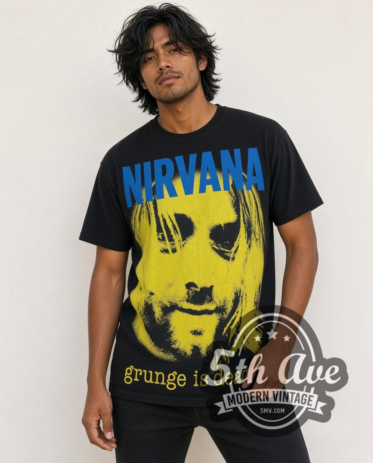 Model wearing the Nirvana Grunge Is Dead all-over-print vintage band t-shirt