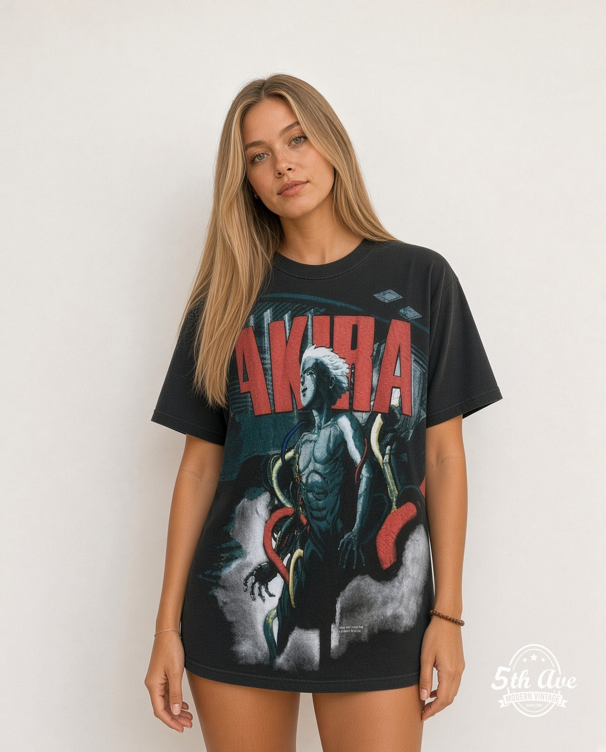 Model wearing the AKIRA Tetsuo Shima all-over-print anime tee