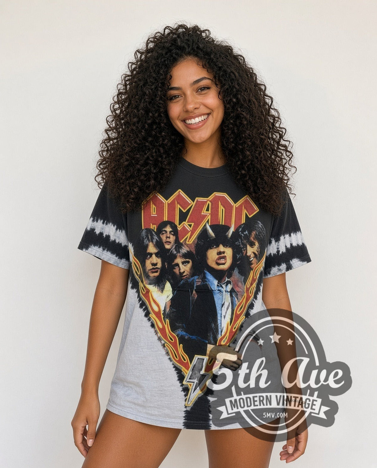 Model wearing the AC/DC Highway to Hell Flame V Black Grey Tie-Dye vintage band t-shirt in black and grey tie-dye