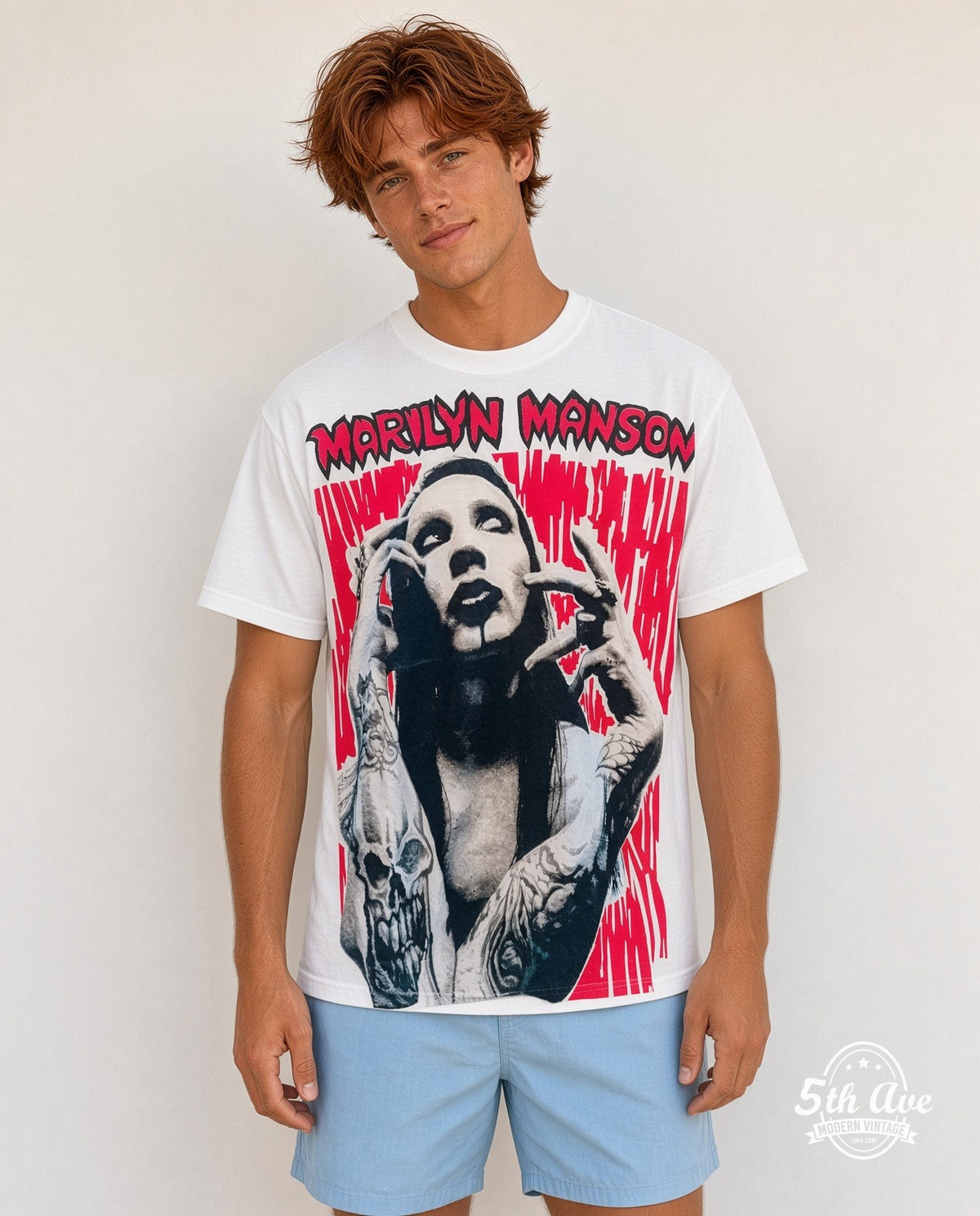 Model wearing the Marilyn Manson all-over-print vintage band t-shirt in white