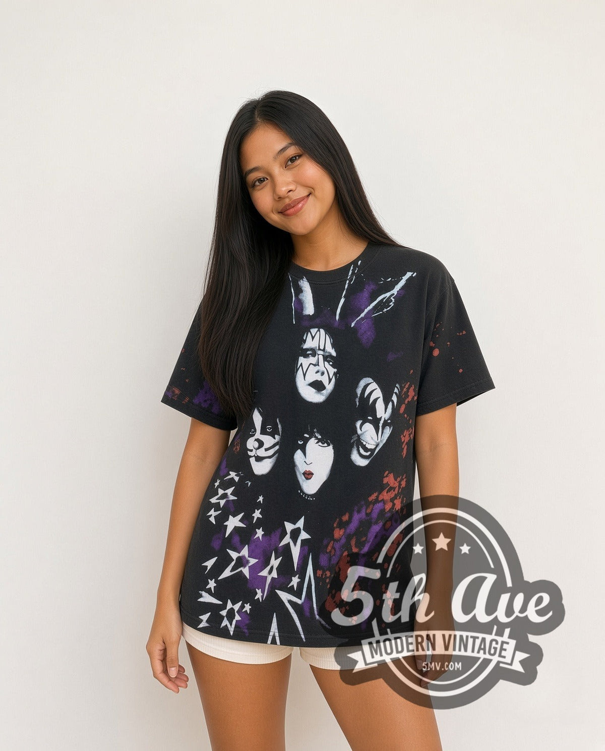 Model wearing the KISS Alive/Worldwide Tour all-over-print vintage band t-shirt