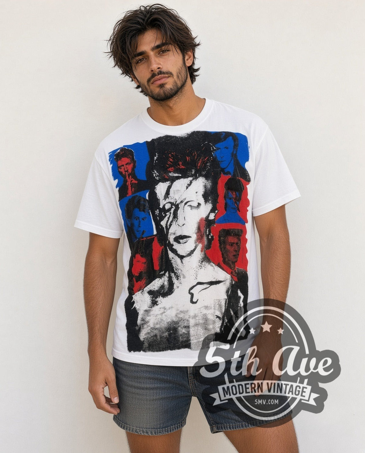 Model wearing the David Bowie Bowie Melodies Collage all-over-print vintage band t-shirt