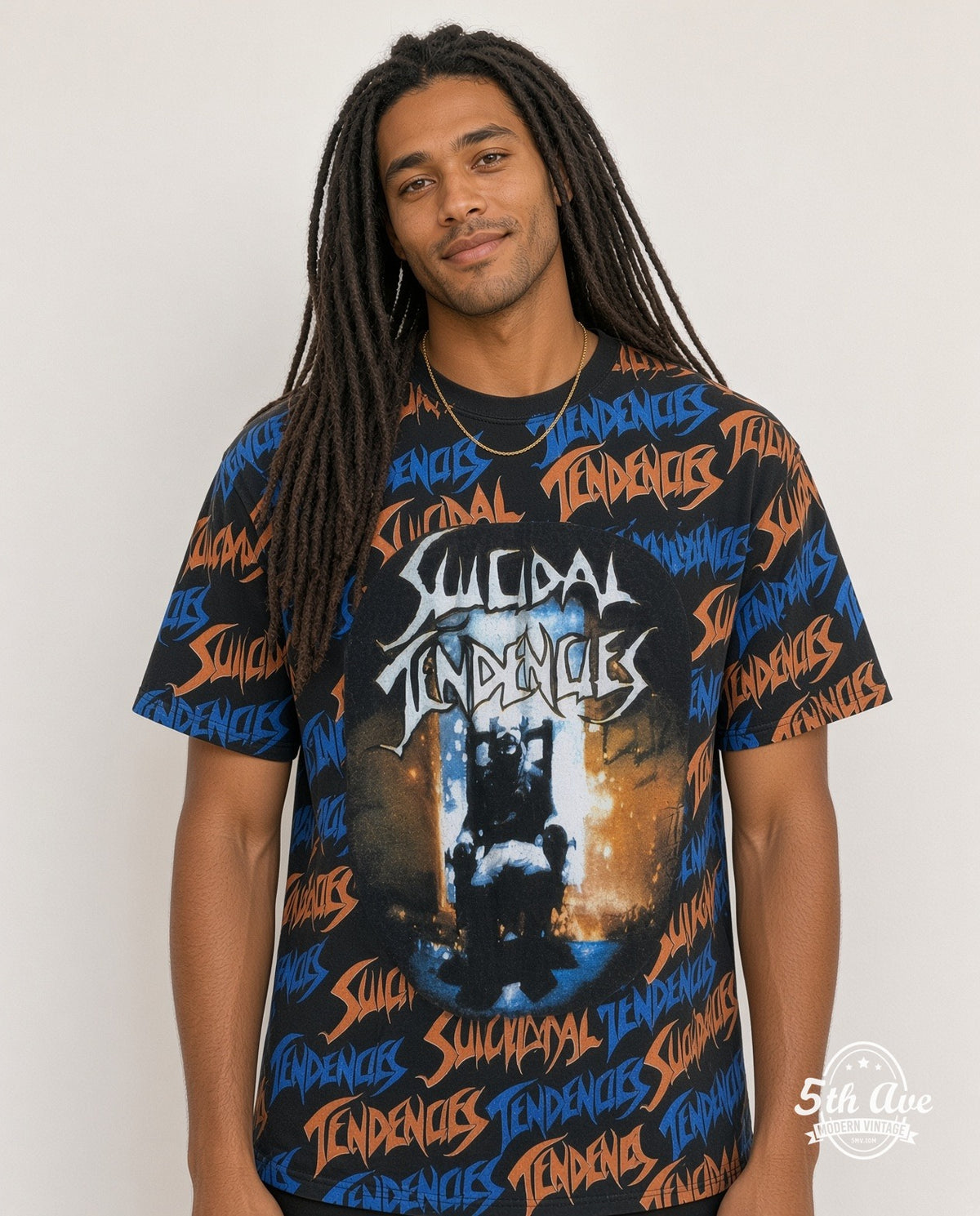 Model wearing the Suicidal Tendencies Electric Chair all-over-print vintage band t-shirt in black
