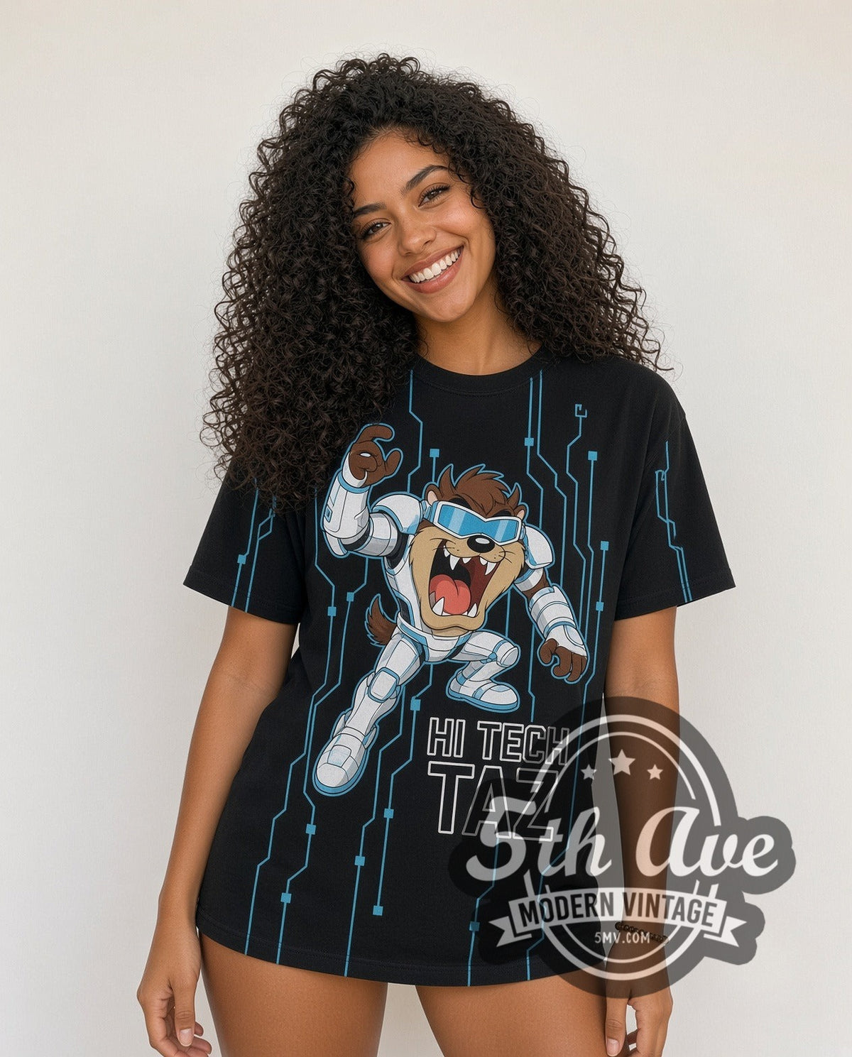 Model wearing the Looney Tunes Taz-Mania Hi-Tech Taz all-over-print vintage cartoon tee