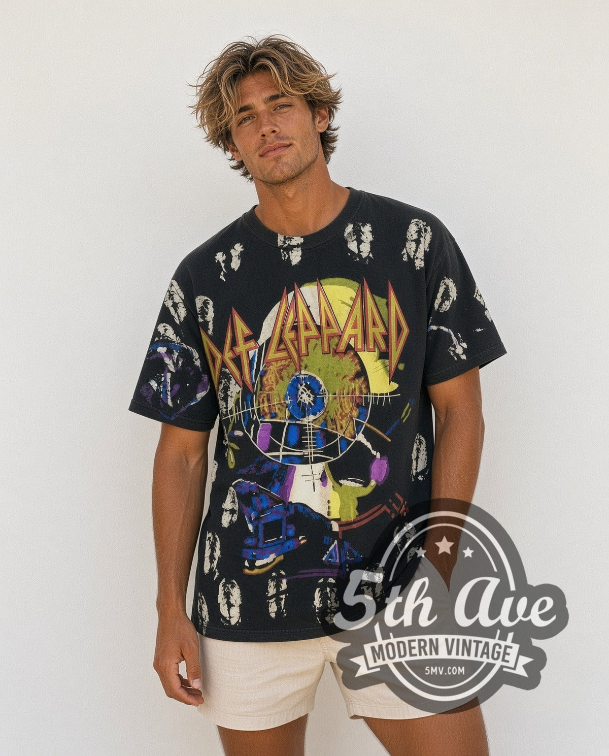 Model wearing the Def Leppard all-over-print vintage band t-shirt