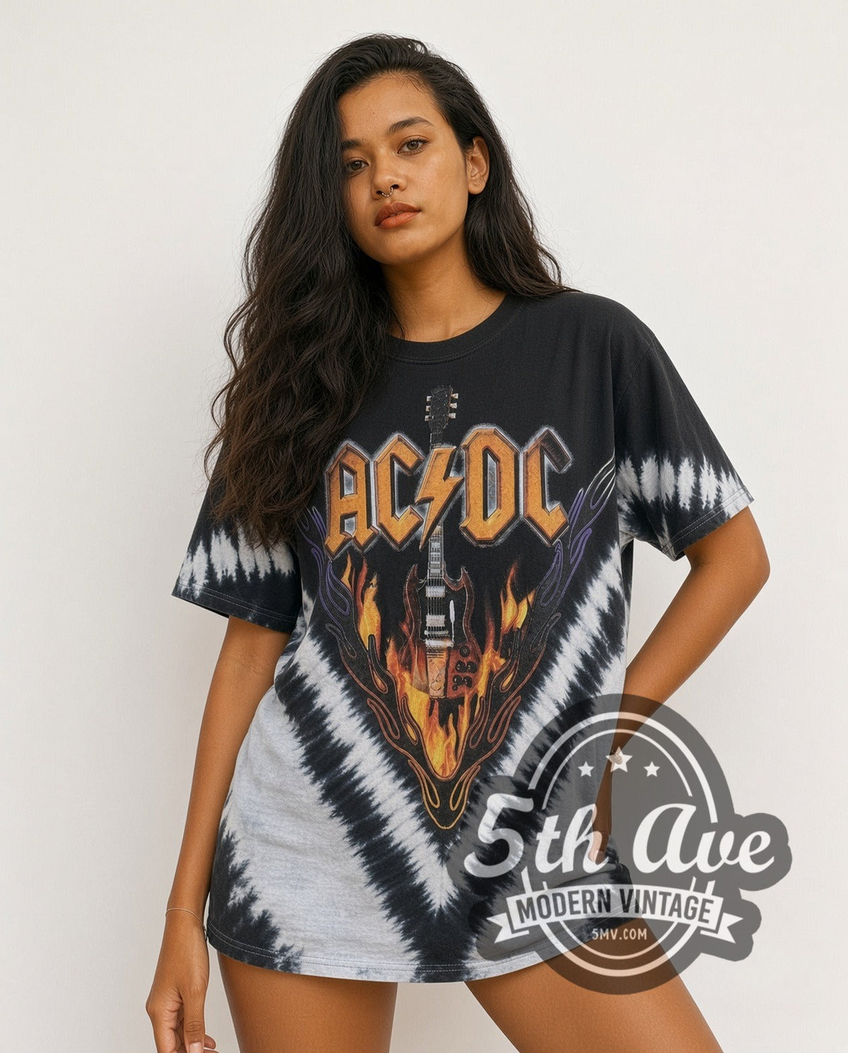 Model wearing the AC/DC Hells Bells Power Up Tour all-over-print vintage band t-shirt