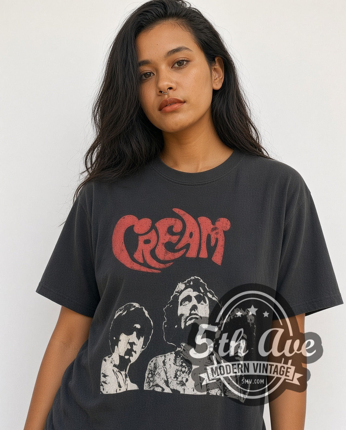 Model wearing the Cream Captain Boot vintage band t-shirt