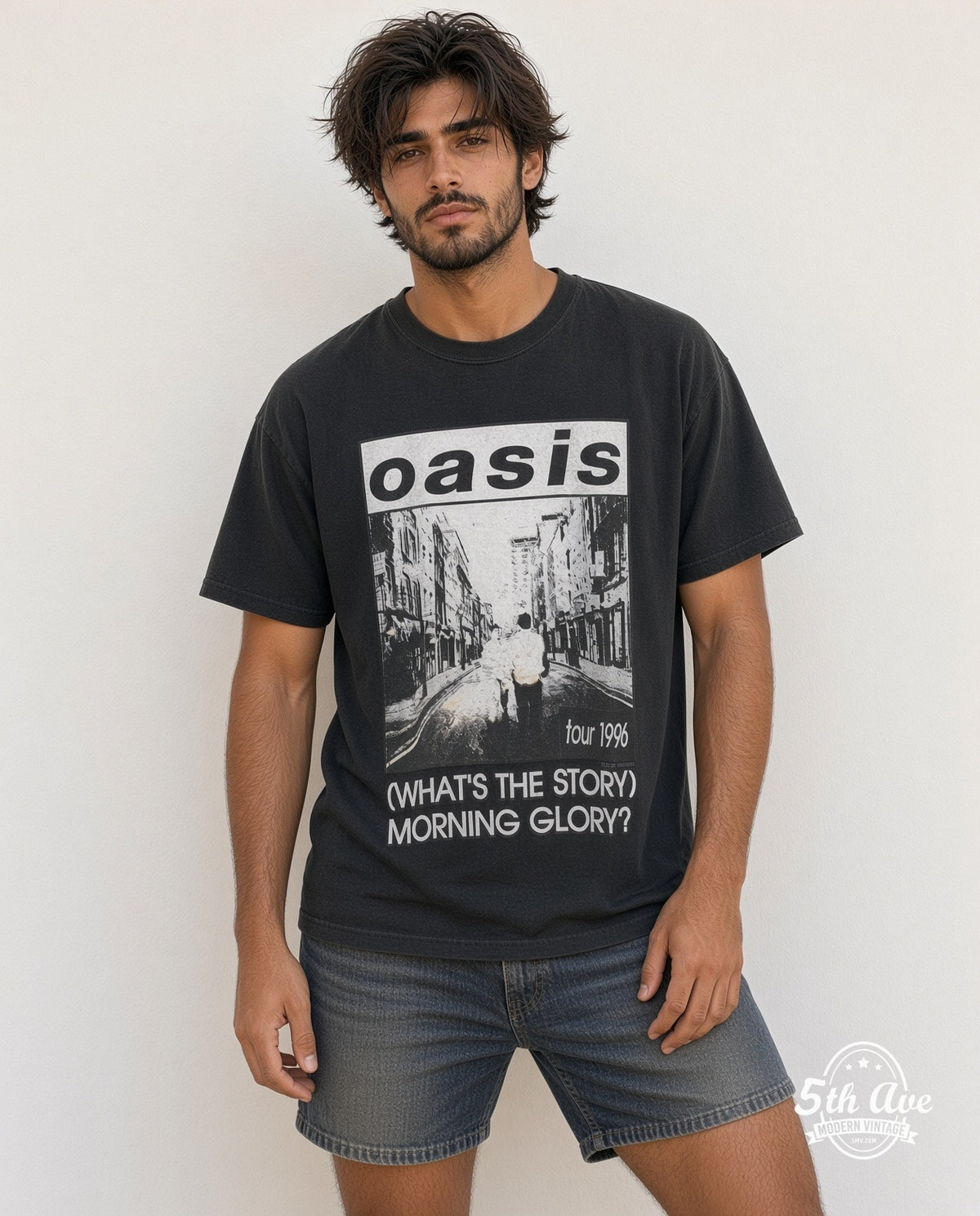 Model wearing the Oasis Morning Glory Berwick Street Tour 1996 vintage band t-shirt