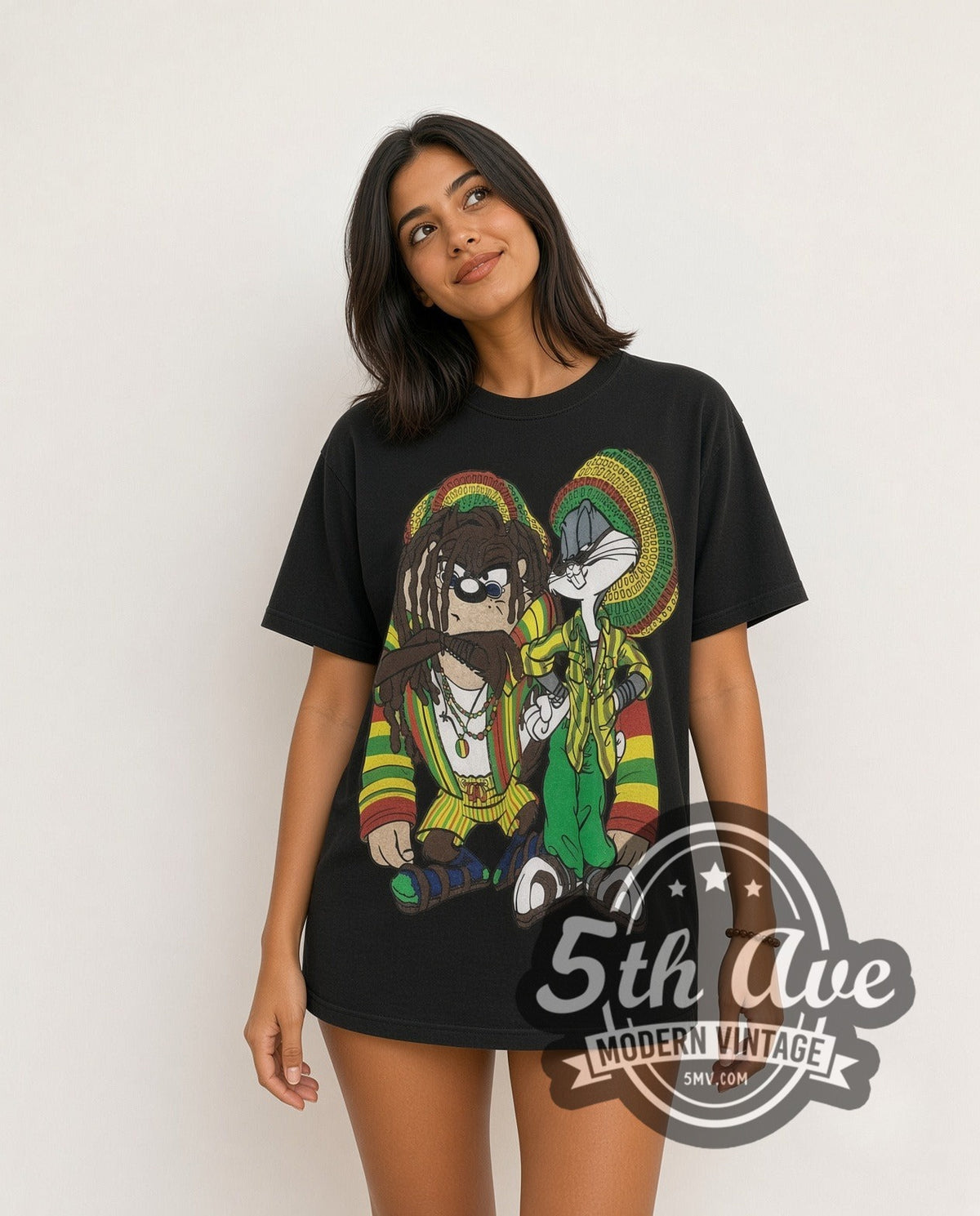 Model wearing the Looney Tunes Rasta Bugs Bunny and Tasmanian Devil vintage cartoon tee