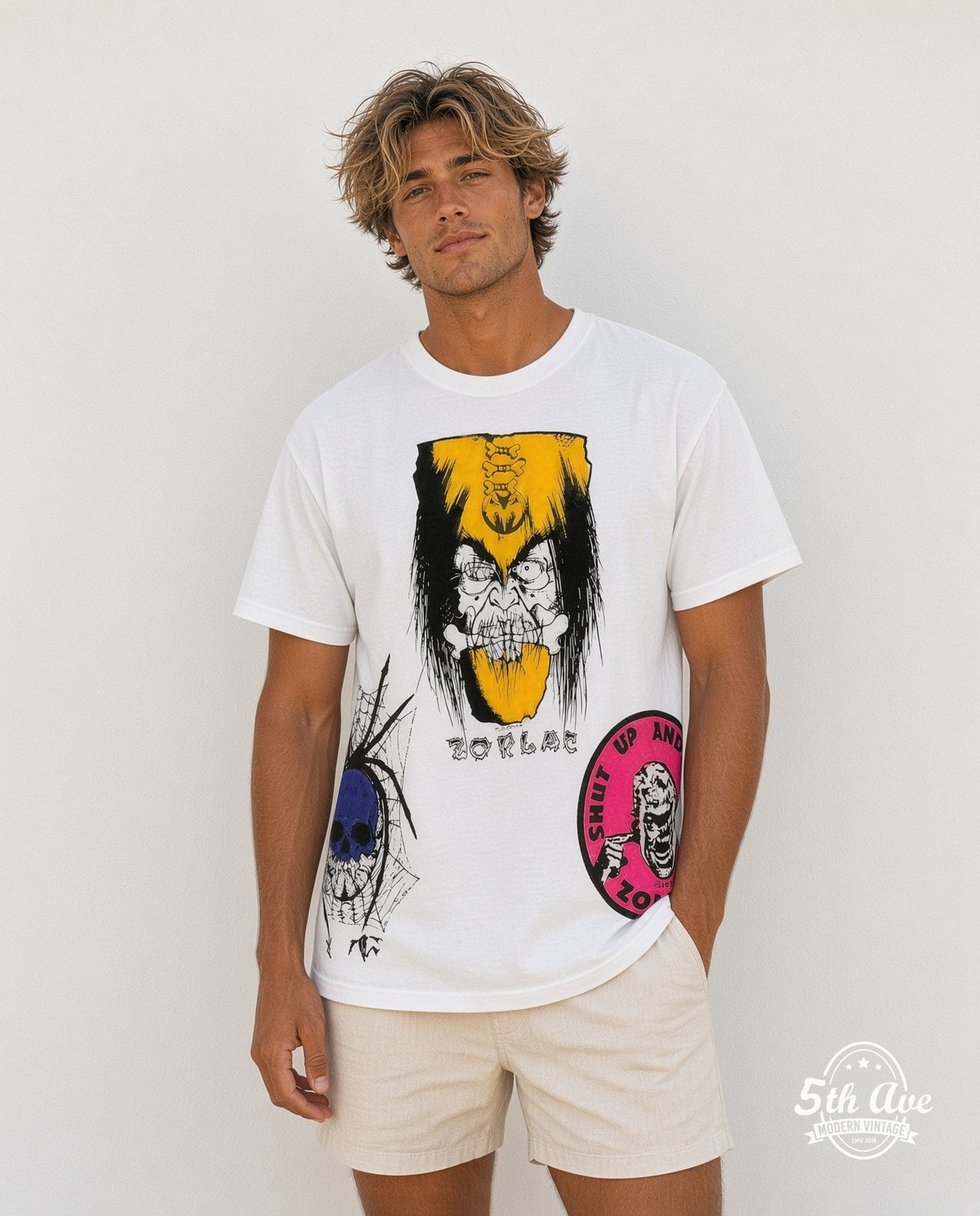 Model wearing the Zorlac Skateboards Shut Up and Skate all-over-print graphic tee