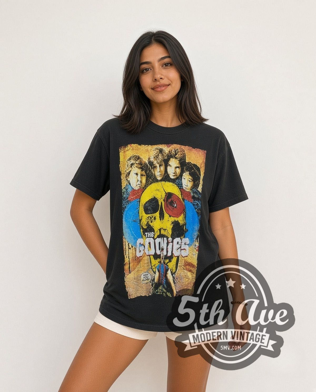 Model wearing The Goonies vintage movie t-shirt