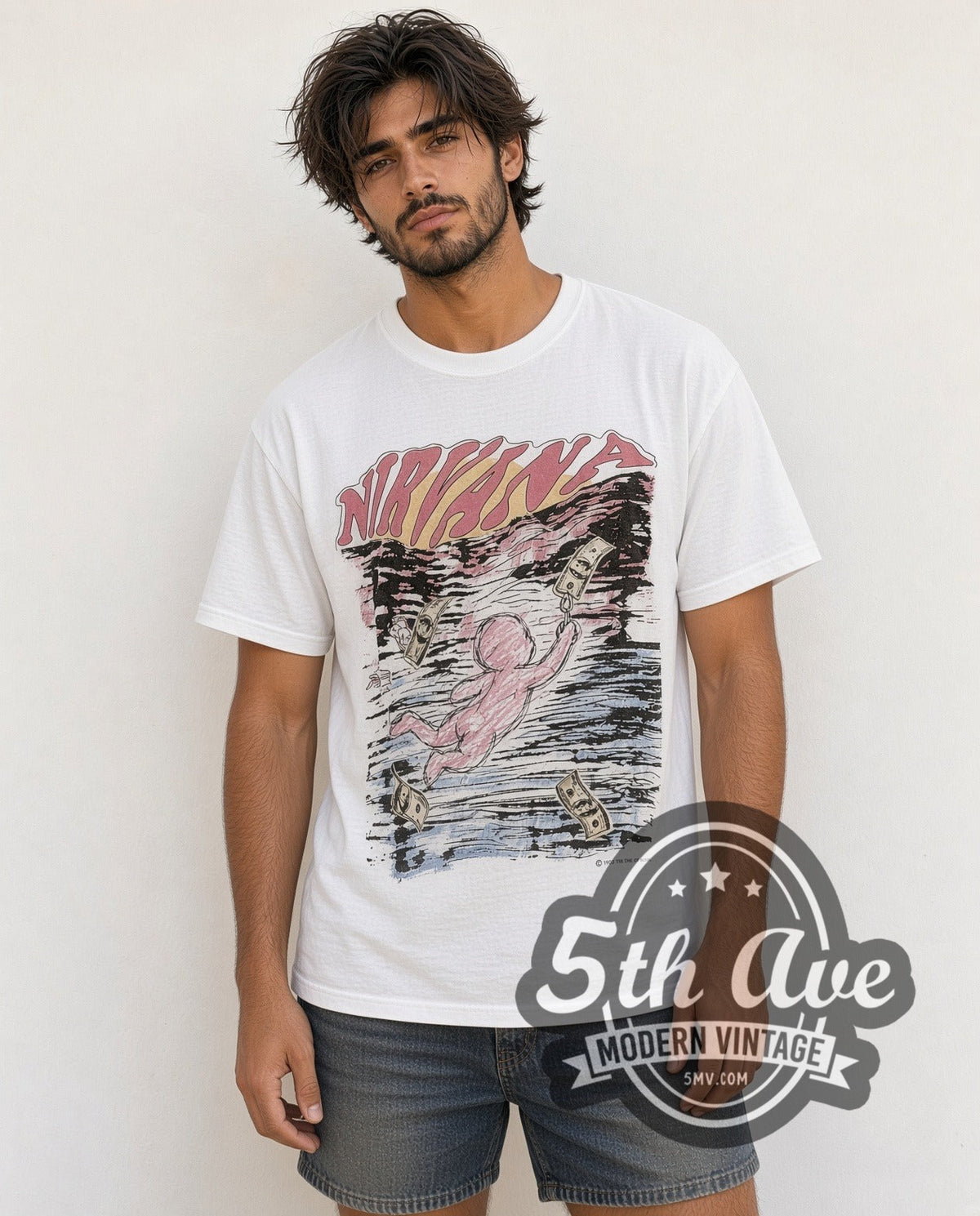 Model wearing the Nirvana Nevermind Sketch Dollar Bills 1993 vintage band t-shirt
