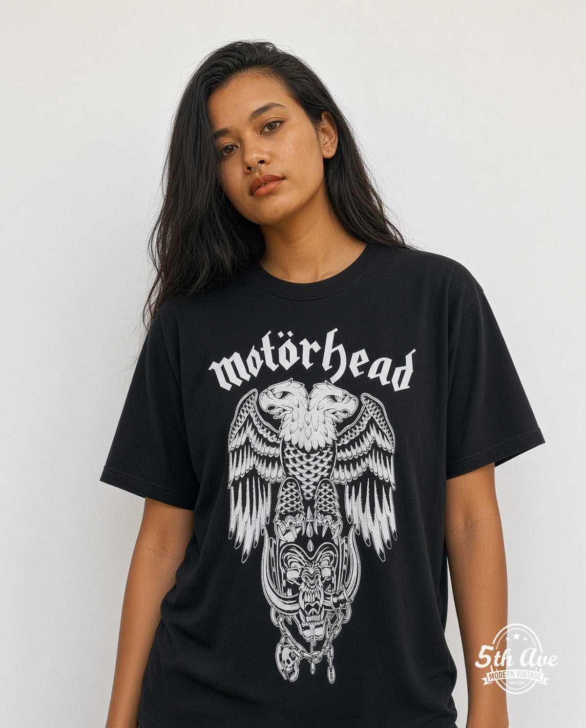 Model wearing the Motörhead Two-Headed Eagle Snaggletooth vintage band t-shirt