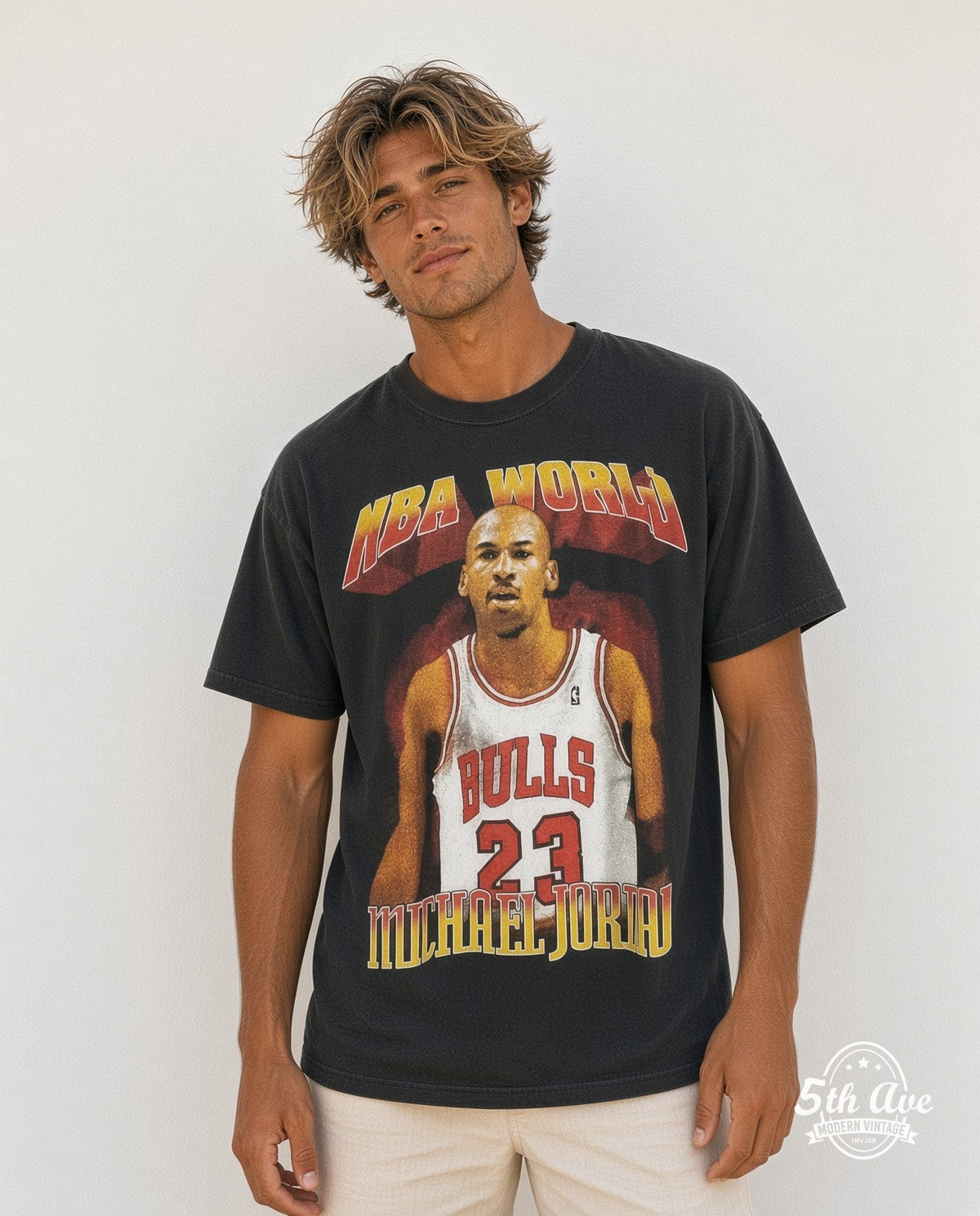 Model wearing the Michael Jordan NBA World graphic tee