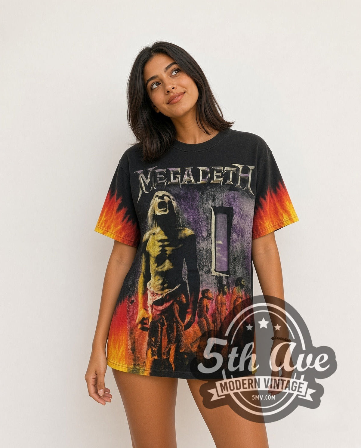 Model wearing the Megadeth Countdown to Extinction all-over-print vintage band t-shirt