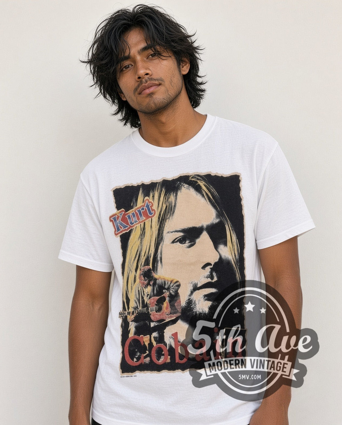 Model wearing the Kurt Cobain Portrait vintage band t-shirt in white