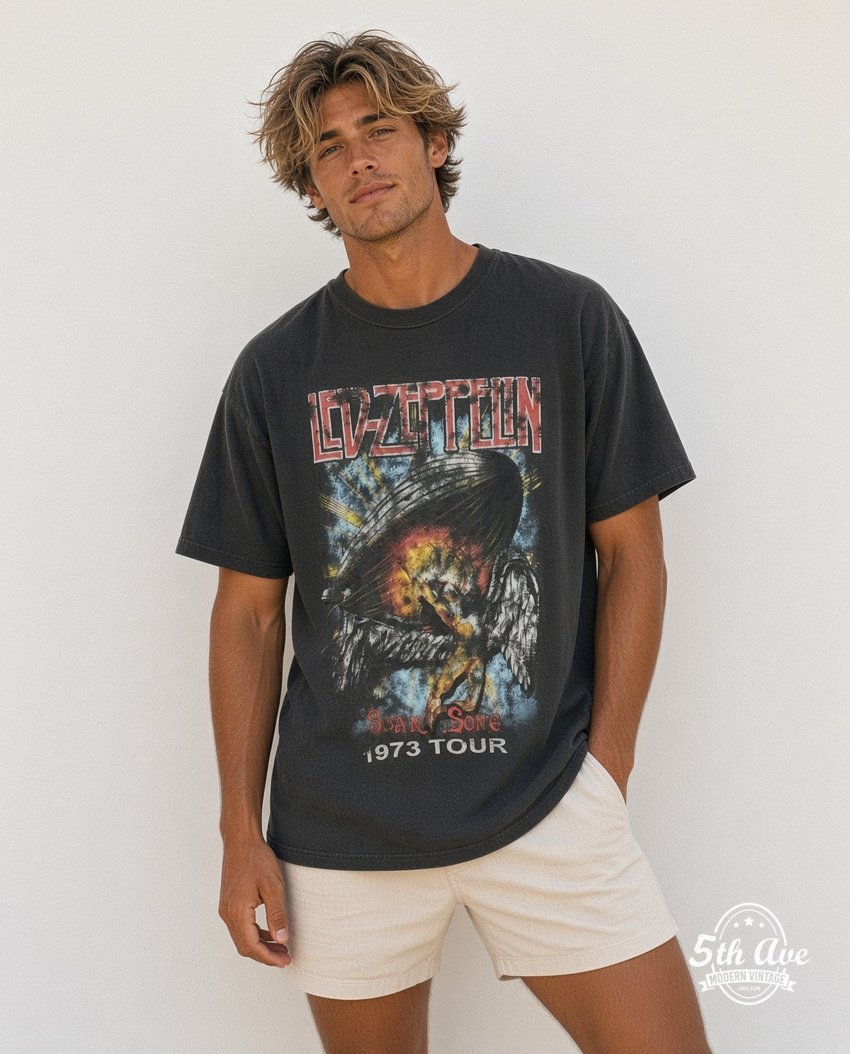 Model wearing the Led Zeppelin Swan Song U.S. Tour 1973 vintage band t-shirt